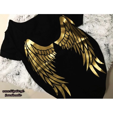 skrzydła zloto czarna s/m serek dekolt na plecach nadruk : tył koszulki, przód gładki